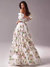 Partykleid mit Blumenmuster, schulterfrei, abgestuft, A-Linie, elegantes Abschlussball-Maxikleid